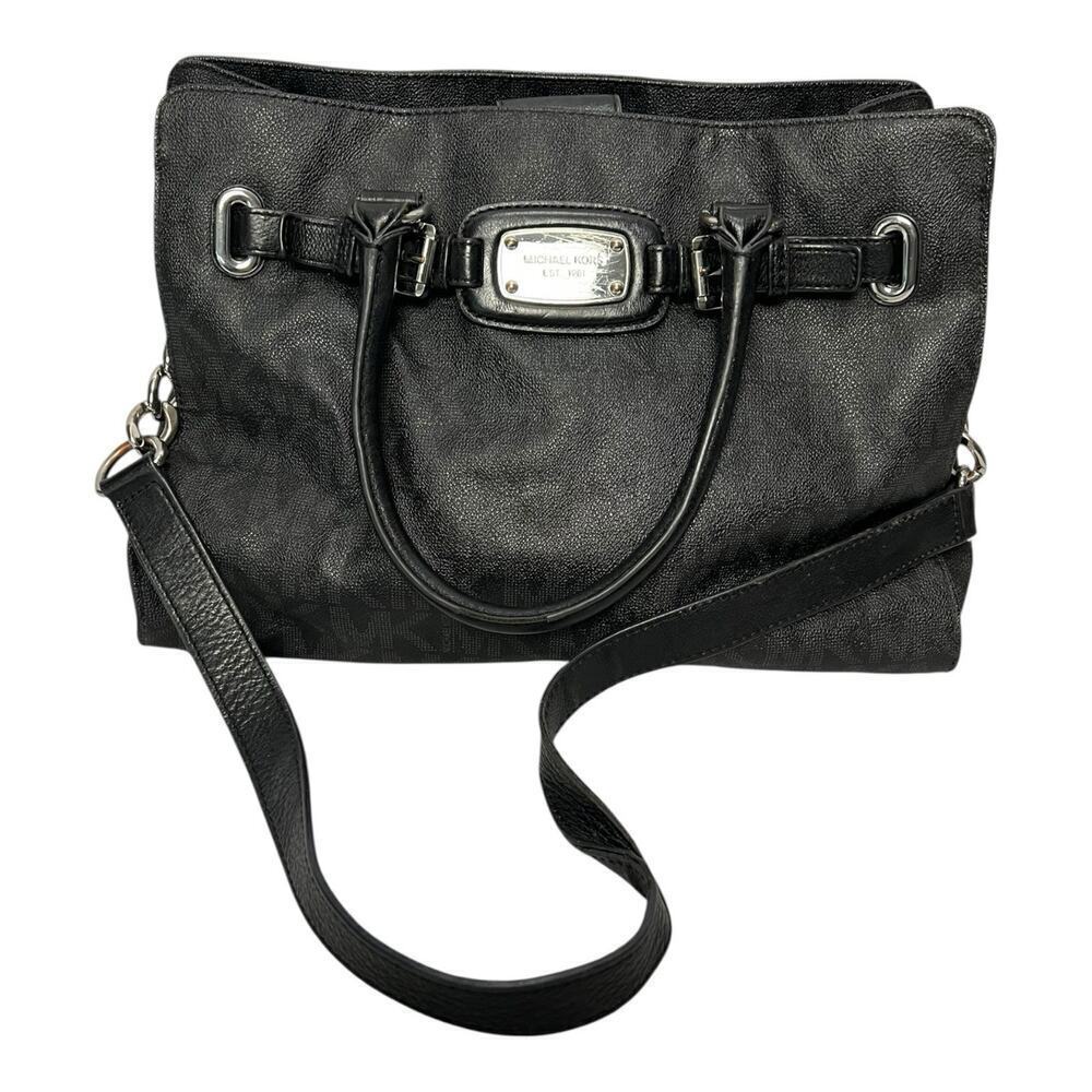 Michael Kors Black Hamilton Leather Silver Chain Satchel Bag Purse